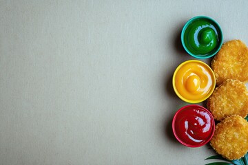 Overhead shot of chicken nuggets with three colorful sauces, red, yellow, and green, on a beige background.