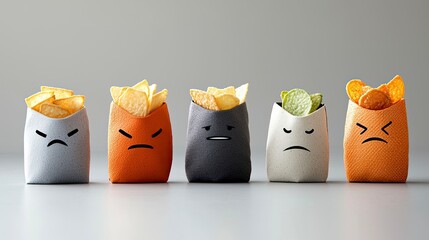 Five bags of chips with different expressions. Each bag has a drawn face expressing anger or sadness. The bags are on a neutral gray background.
