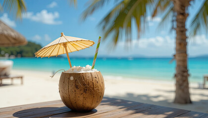 Escape to Paradise with this Refreshing Coconut Drink on a Tropical Beach Getaway, Featuring Turquoise Waters, White Sand, and Relaxing Ocean Views for Your Ultimate Vacation Vibes