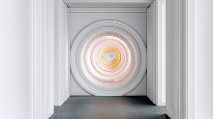 An abstract architectural design with a circular element in a white interior space. The image features a series of concentric circles and soft lighting, creatin