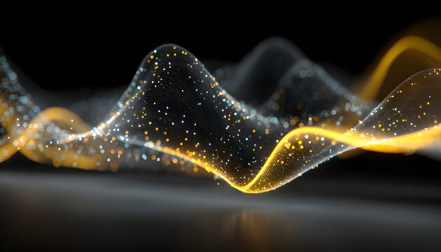 Futuristic data visualization representing digital sound waves with a sleek black and yellow design.