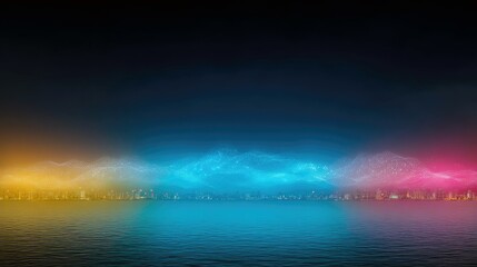 A vibrant cityscape is illuminated with colorful lights, reflected in the water, creating a stunning visual effect at night.