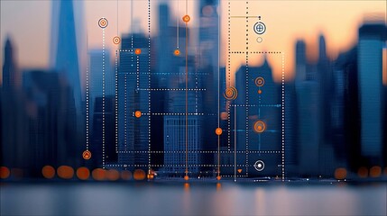 Abstract image of a cityscape with digital overlay, data points, and lines. The image is set at sunset, with a blurred background.