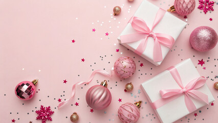 Christmas gifts and decorations arranged on a pink background for holiday celebrations