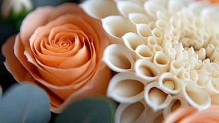 Close-up of a beautiful floral arrangement featuring a peach rose and a white dahlia, with soft lighting.