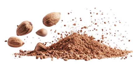 Finely ground milled nutmeg powder forming aromatic warm spice texture ideal for culinary seasoning and cooking presentation isolated on white background