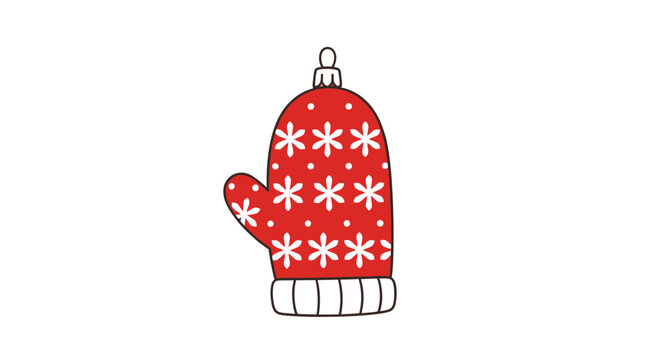 A red mitten with white snowflake patterns, designed as a festive Christmas ornament, on a white background.