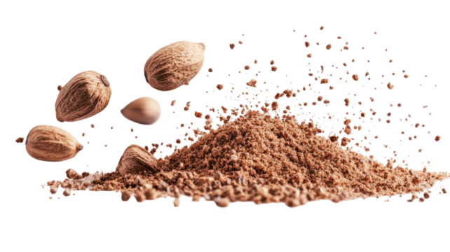 Finely ground milled nutmeg powder forming aromatic warm spice texture ideal for culinary seasoning and cooking presentation isolated on white background