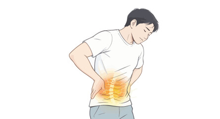 Fototapeta premium Illustration of a man suffering from lower back pain, holding his aching lumbar region with a glowing spine.