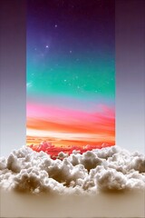 A surreal image featuring a view of clouds and a colorful sky, with dramatic lighting and a dreamy atmosphere.