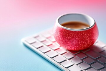 A red coffee cup with coffee inside sits on a white keyboard against a colorful gradient background. The image is a close-up shot.