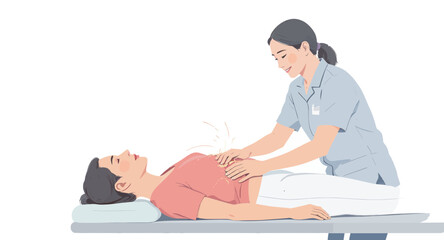 A female healthcare professional provides gentle hands-on abdominal therapy to a woman lying on a treatment table.