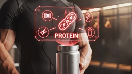 Bodybuilder Holding Protein Supplement Jar With Augmented Reality Interface - Powered by Adobe