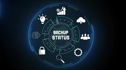 Digital backup status and data security system, visualising secure cloud storage, real-time protection, and efficient disaster recovery planning