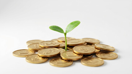 Green plant sprout growing from a pile of gold coins. Financial investment and money growth concept. Copy space