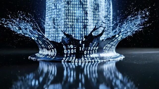 A cascade of luminous blue water, etched with binary code, flowing into a pool