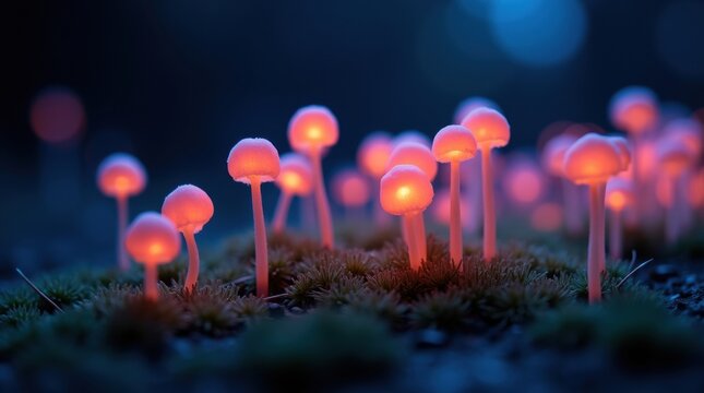 Magical glowing mushrooms in a dark forest at night