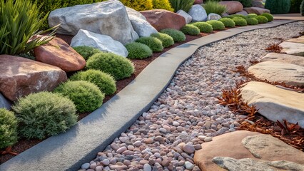 Beautifully landscaped garden path with rounded evergreen bushes and large natural rocks in a sunny outdoor setting
