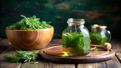 Freshly harvested rosemary infused olive oil in a glass bottle with a wooden bowl of herbs in the background