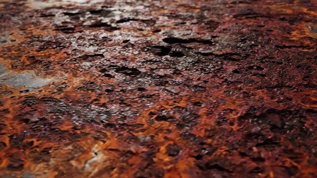 Abstract motion graphic loop of rough oxidizing scratched metal plate surface slowly changing color from silver to rust tones rough, design, website