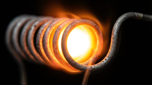 A glowing hot metal heating coil on a black background. Close-up of an electric resistance element showing intense heat and energy