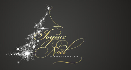 Merry Christmas and Happy New Year 2026 French language golden white light script calligraphy typography with glitter sparkle stardust in shape of Christmas tree black background greeting card