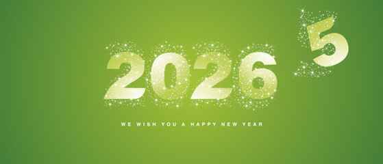 New Year 2026 white green shining bold typography logo with many stars and stardust in the shape of 2026 over all. end of 2025 and beginning of a new year white green background greeting card