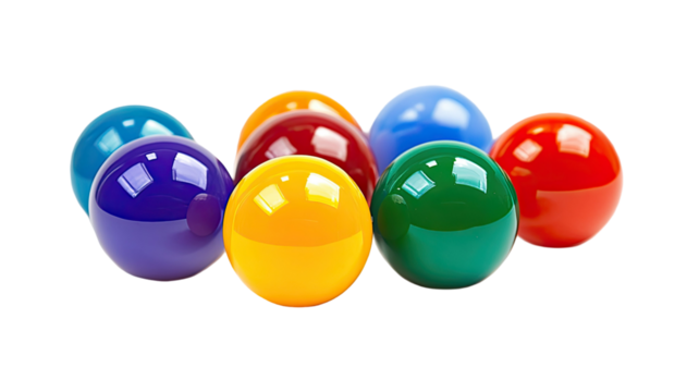 Colorful balls in vibrant assorted shades arranged playfully with glossy round surfaces creating cheerful decorative sphere composition on white background
