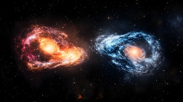 Stunning cosmic scene showcases two vibrant galaxies swirling amidst a starstudded expanse of deep space and celestial wonderment beautifully