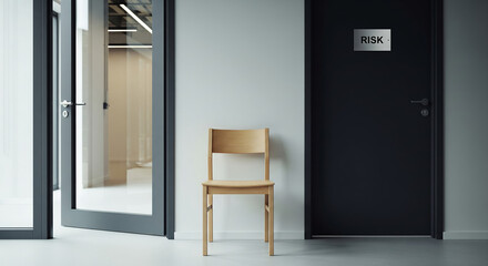 Empty wooden chair placed between an open office door and a closed door labeled Risk, representing a critical business decision