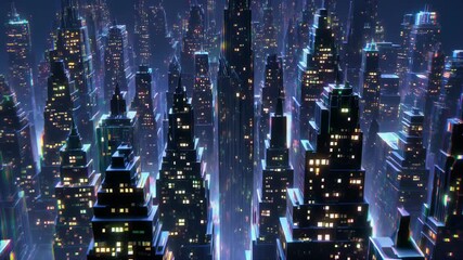 Flying through a futuristic neon city at night with towering skyscrapers illuminated by vibrant lights creating a dazzling urban landscape - Powered by Adobe