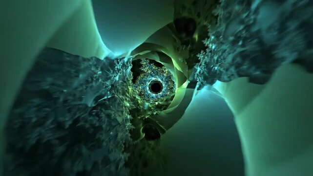 Animated fractal geometry expanding and merging perpetually in mesmerizing tones of teal and green creating an endless complex background loop fractal patterns, visualization, technology