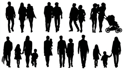 Black silhouettes of diverse families standing together, parents and children in various poses, family unity and togetherness concept, vector illustration on white background