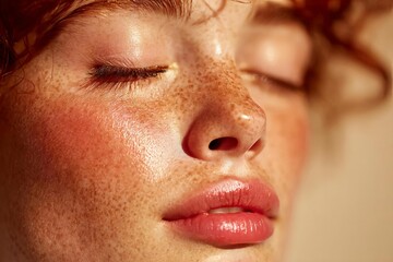 Naklejka premium Close-Up Portrait of a Person with Freckles and Natural Makeup