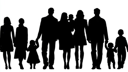 Black silhouettes of diverse families standing together, parents and children in various poses, family unity and togetherness concept, vector illustration on white background