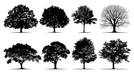 Black tree silhouettes vector set featuring red maple, sugar maple, oak, poplar, green oak, birch, and mango trees on white background