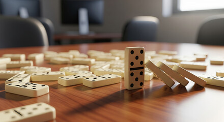 Resilient domino standing upright among falling pieces on a corporate boardroom table representing business stability