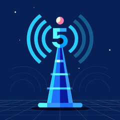 Futuristic 5g tower emitting signals in a digital night sky