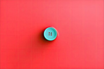 A teal button with four holes is centered on a vibrant red background, viewed from above. The image has a minimalist composition.