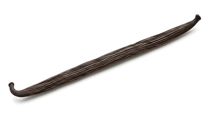 Macro photograph of a dried vanilla bean, an essential fragrant spice for gourmet baking and cooking, isolated against a pure white background
