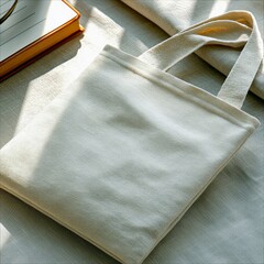 A close-up shot of a canvas tote bag resting on a table, next to a book. The scene is lit by natural light.