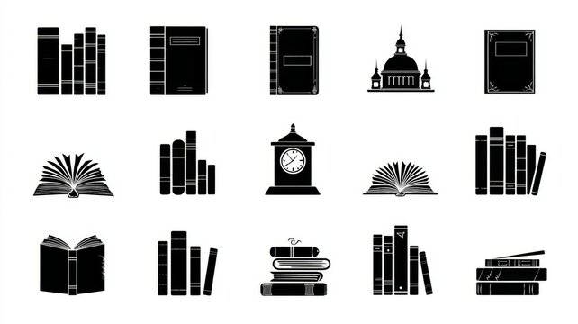 Vector illustration of book silhouettes featuring classic and modern book icons, educational and reading concept graphics set on a clean white background
