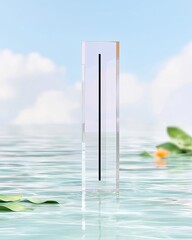 A clear glass block with a black line stands in water. The background features a sky with clouds.