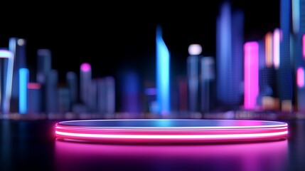Futuristic neon glowing product display stage with blurred cyber city background for modern