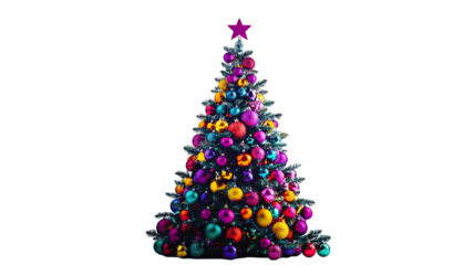 Christmas tree adorned with bright festive baubles and detailed evergreen branches showing vibrant seasonal decoration elements isolated on white background