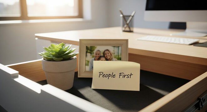 Open office desk drawer containing a sticky note with the text People First symbolizing corporate values and human resources