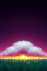 A stylized illustration of a sunset with a cloud formation over a field of grass. The sky is a gradient of colors, and the overall mood is peaceful and serene.