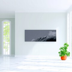 An abstract cloudscape painting hangs on a white wall in a modern, minimalist interior. A large window lets in natural light, and a potted plant adds a touch of