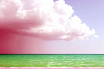 A colorful cloudscape over a green ocean with pink and green tones, creating a serene and abstract landscape.