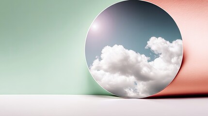 A circular frame reveals a cloudscape, framed by pastel-colored paper, creating an abstract and artistic composition. The scene is lit by sunlight.